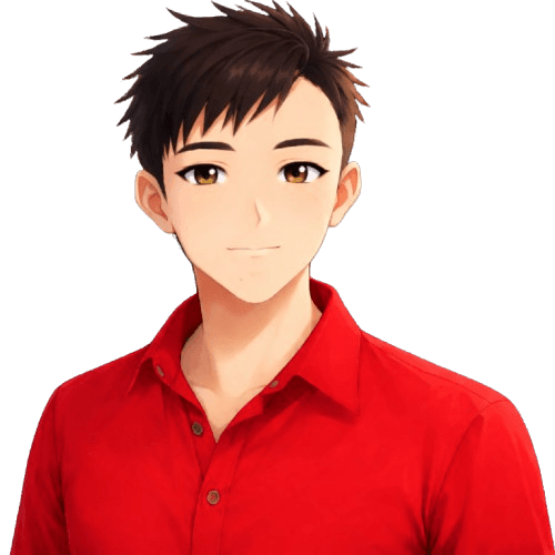 Illustrated portrait of David Do in a red shirt